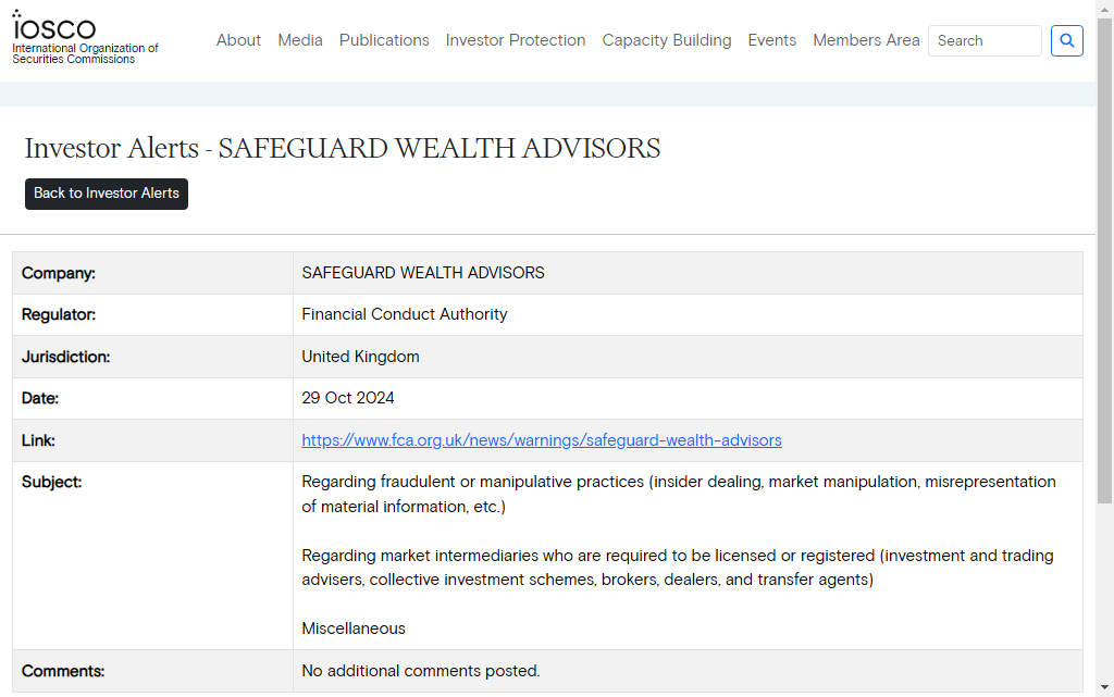 SAFEGUARD WEALTH ADVISORS Warning