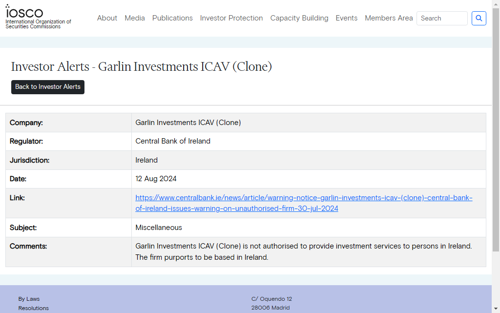 Garlin Investments ICAV Warning