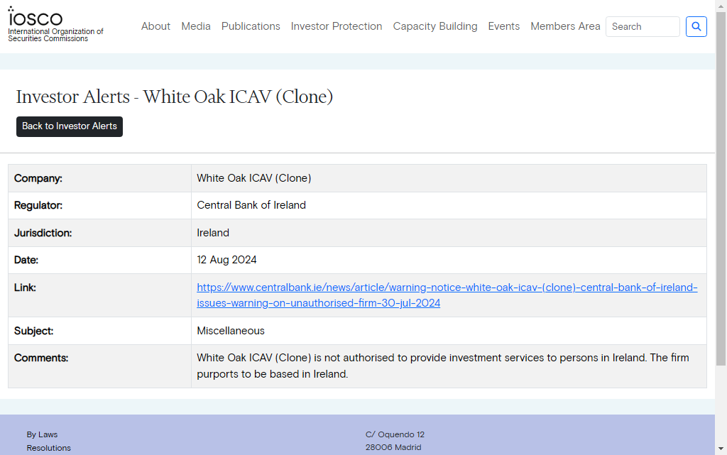 White Oak ICAV Warning